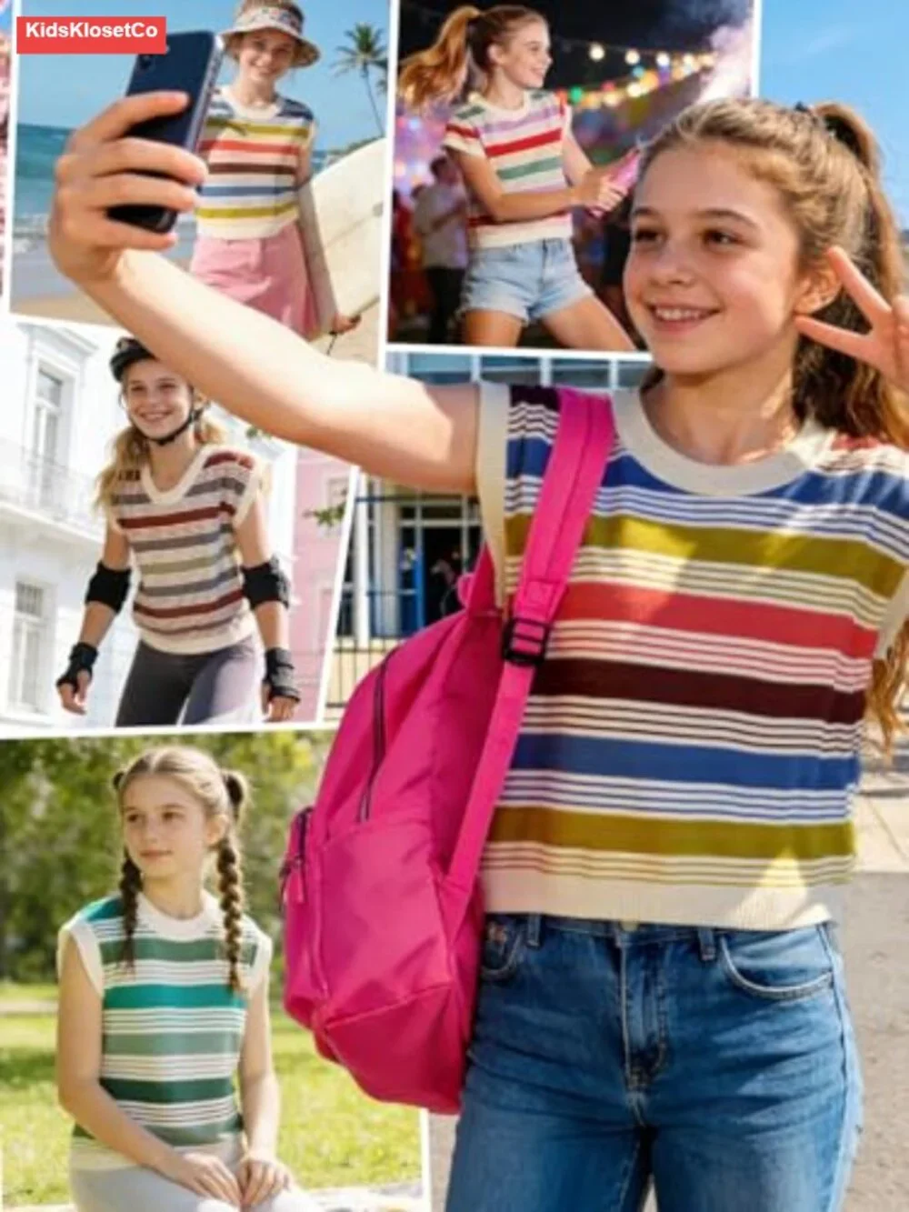 Girls Knit Sweater Vest Striped Cap Sleeve Tween Outfits School